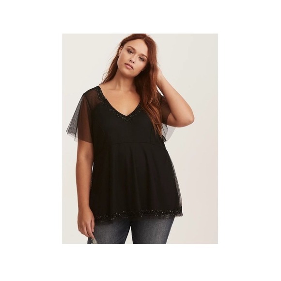 torrid Tops - Torrid 6 Black Mesh Sequin Babydoll Top Womens Plus Sz 6X Beaded Flutter‎ Sleeve
